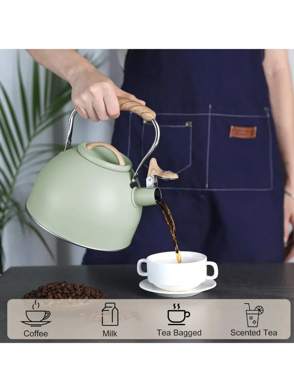 Green Kitchen Whistling Tea Kettle 100 OZ / 3 L Stainless Steel Stovetop Teapot